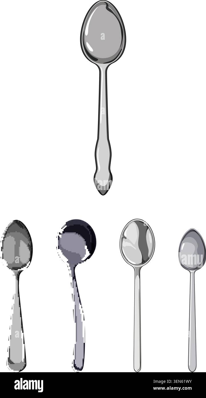 Collection of different sized metal spoons for food, illustrating kitchen utensils and silverware on a clean white background, representing cooking an Stock Vector