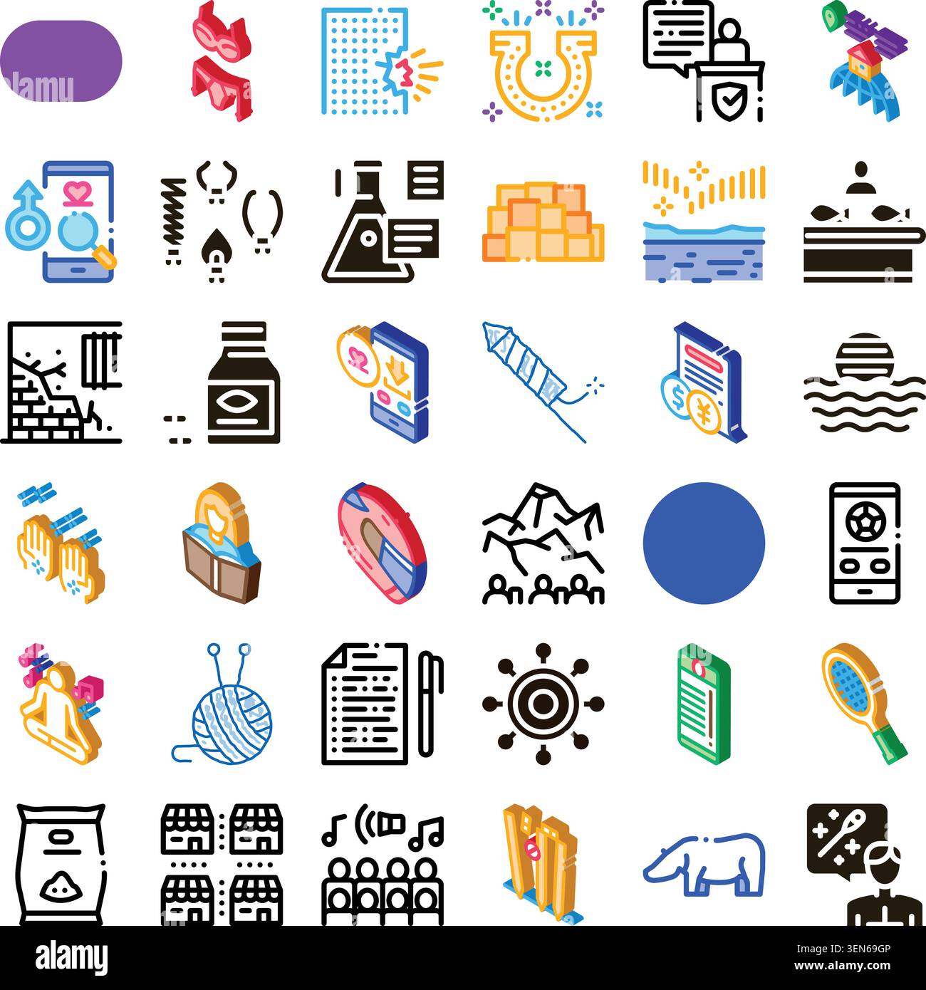 Diverse set of isometric icons illustrating a range of concepts including communication, technology, nature, finance, and celebration, suitable for us Stock Vector