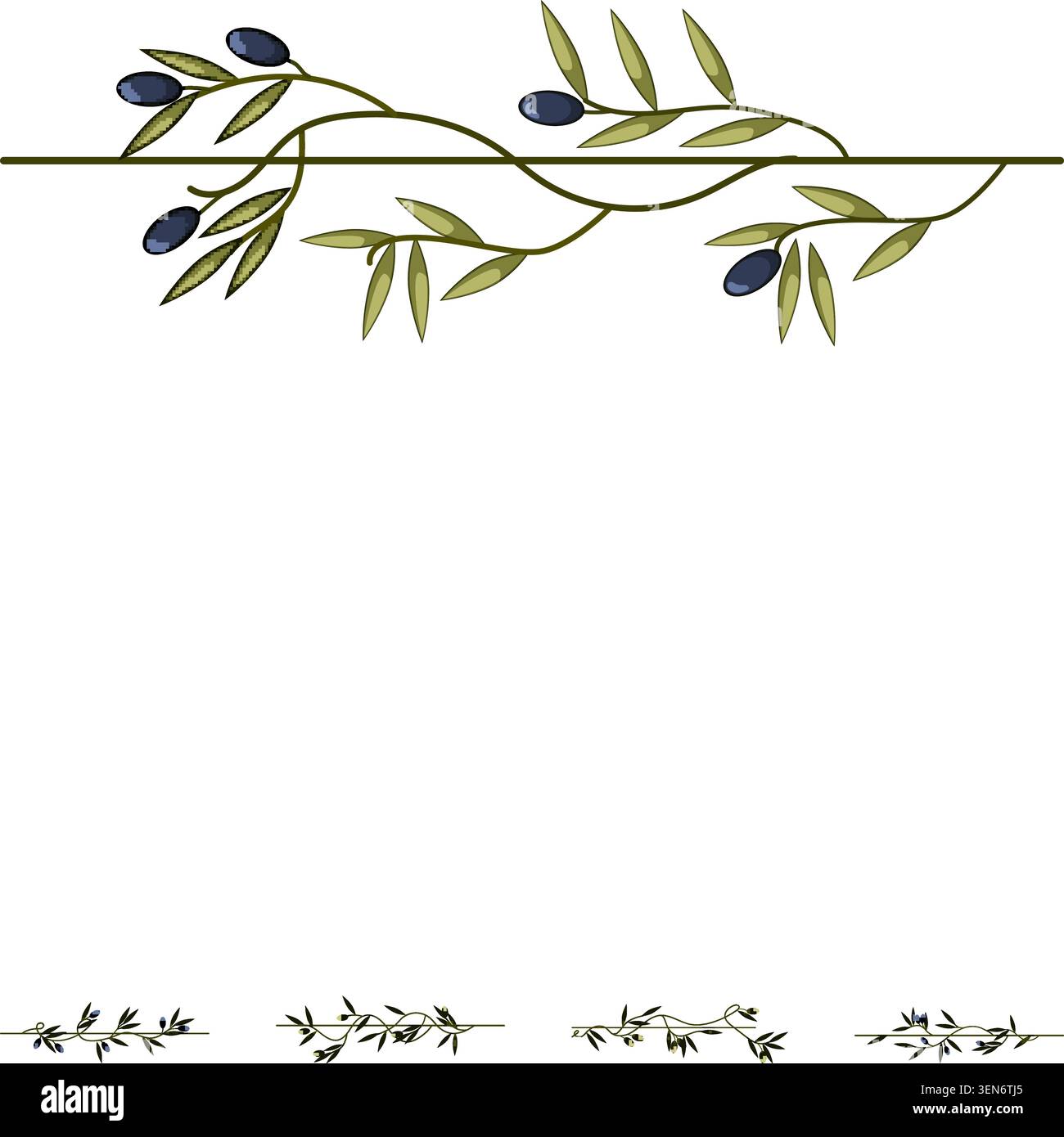 Olive branch design with green leaves and dark fruit decorating a horizontal line, providing an elegant and natural graphic element for separating con Stock Vector