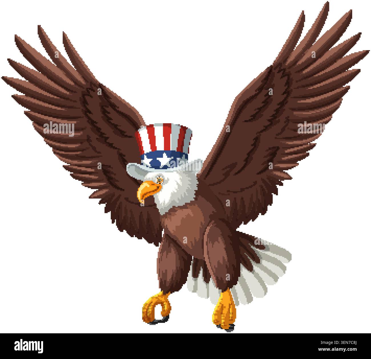 A majestic bald eagle wearing an American flag hat in a bold patriotic vector illustration. Stock Vector