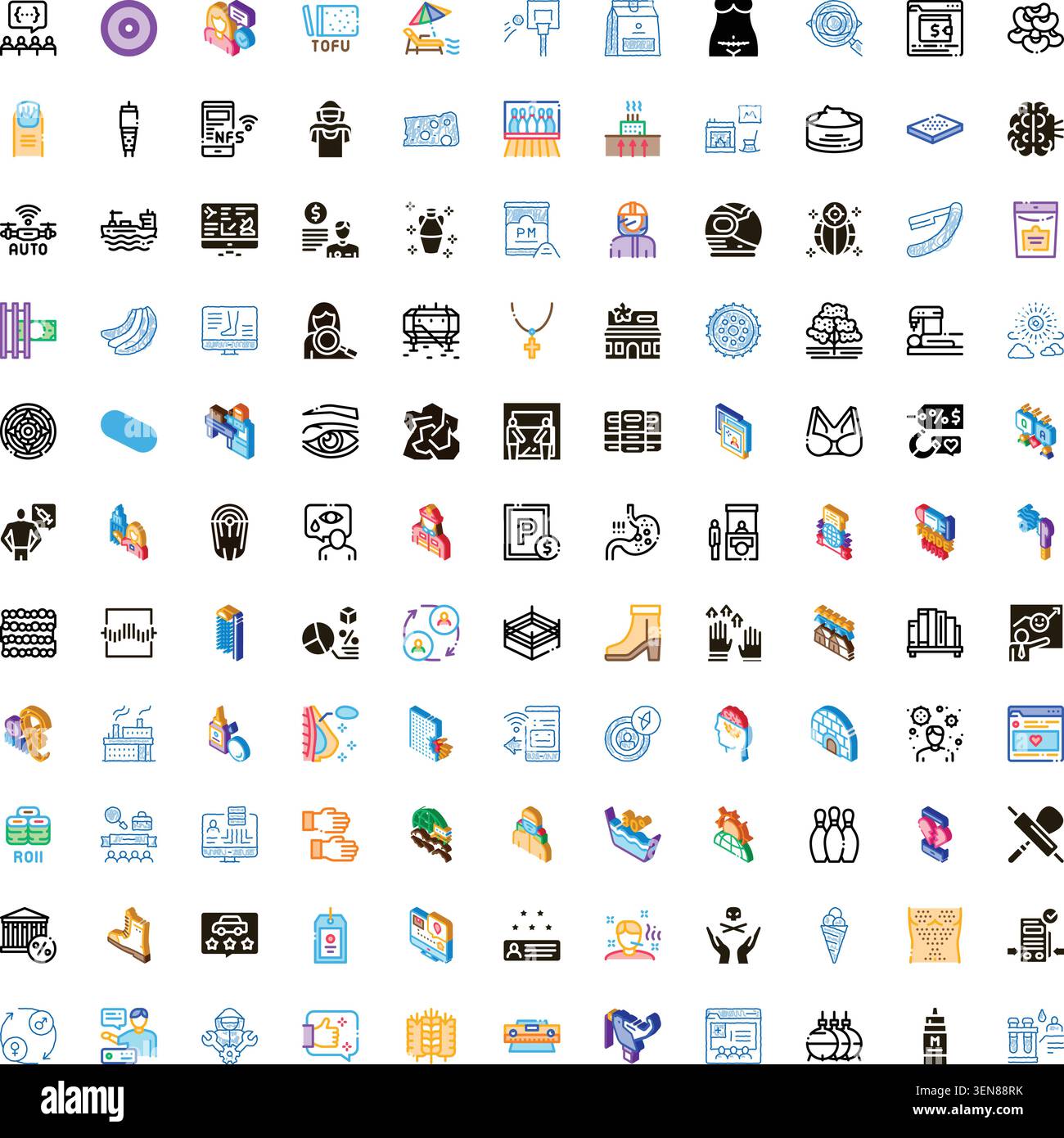 Large grid displaying a wide variety of flat, outline, and isometric vector icons, covering miscellaneous themes and concepts for design and interface Stock Vector