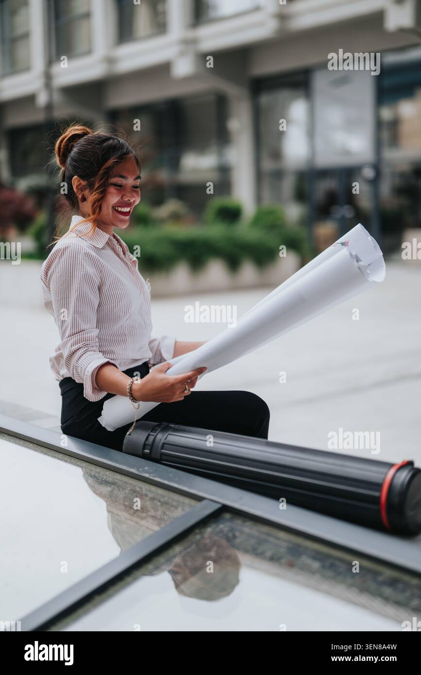 Young female architect reviewing rolled blueprints outdoors in an urban setting, smiling while checking plans Stock Photo