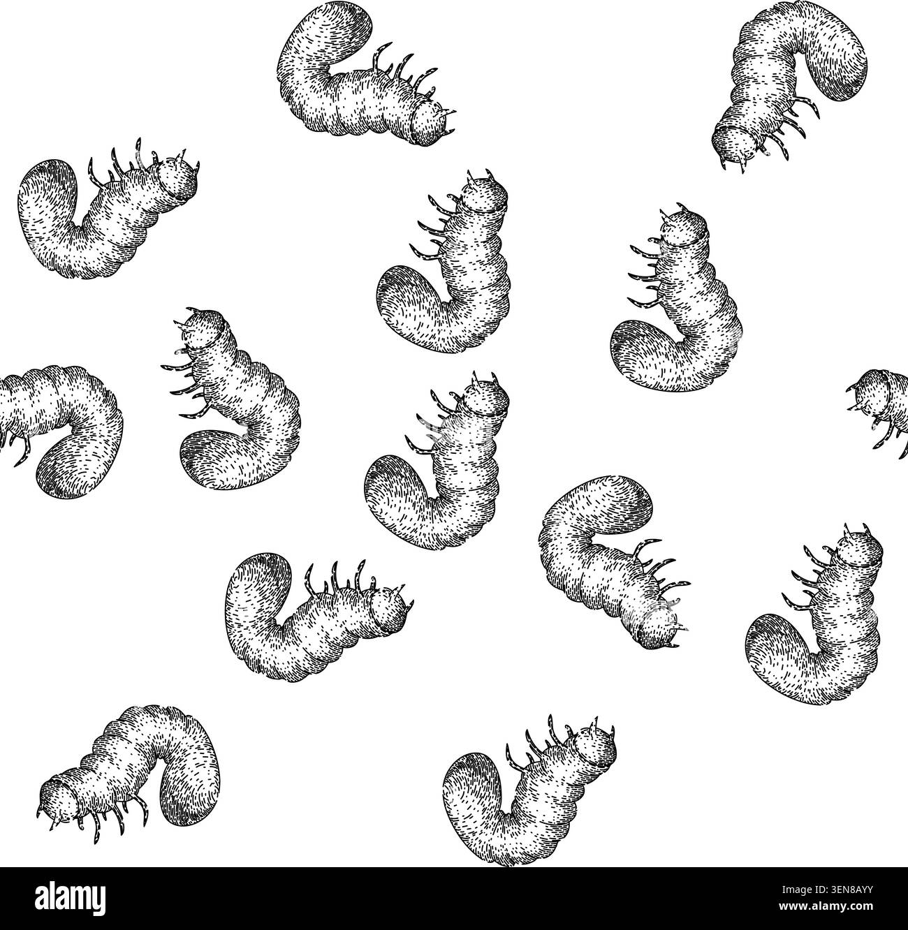 seamless pattern soil chafer hand drawn. grub lawn, silhouette garden, summer pest soil chafer black sketch illustration Stock Vector