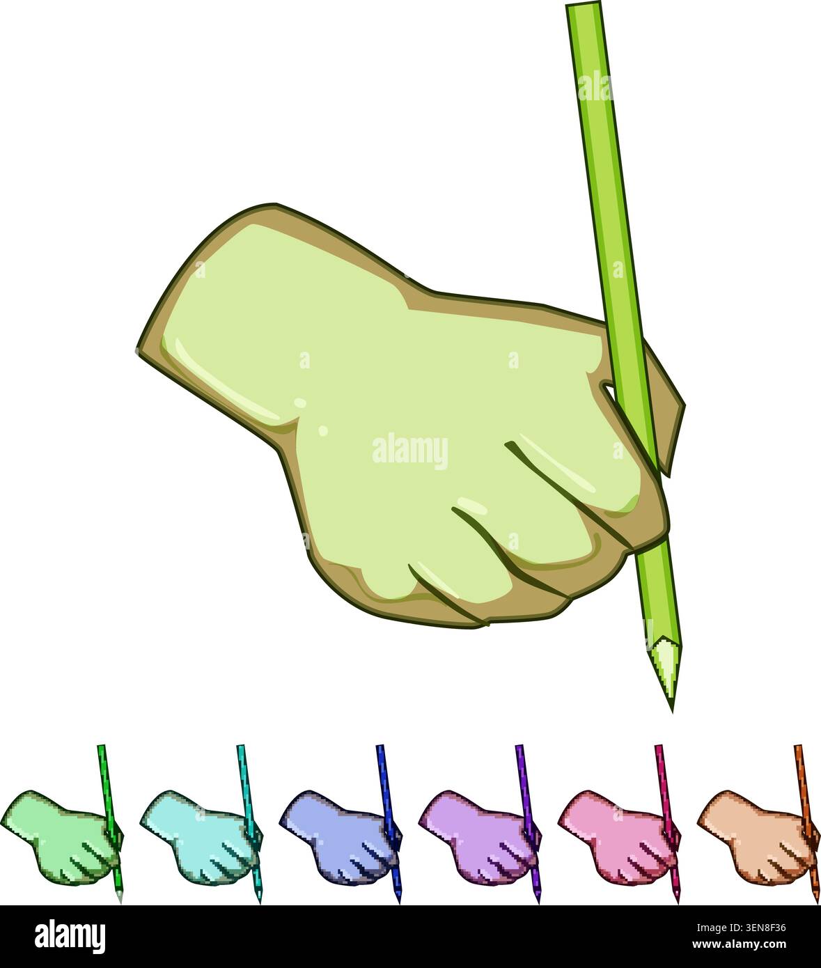 Human hand gripping a wooden pencil poised to write or sketch on a white background, symbolizing education, creativity, learning, note taking, and art Stock Vector