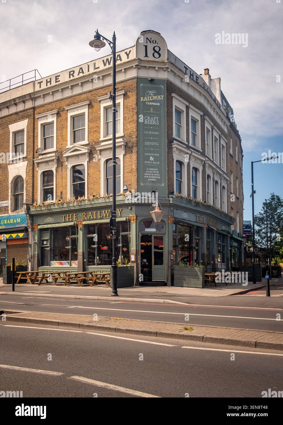 LONDON - APRIL 27, 2026: The Railway Clapham – Popular craft beer pub with outdoor seating and event space. Stock Photo