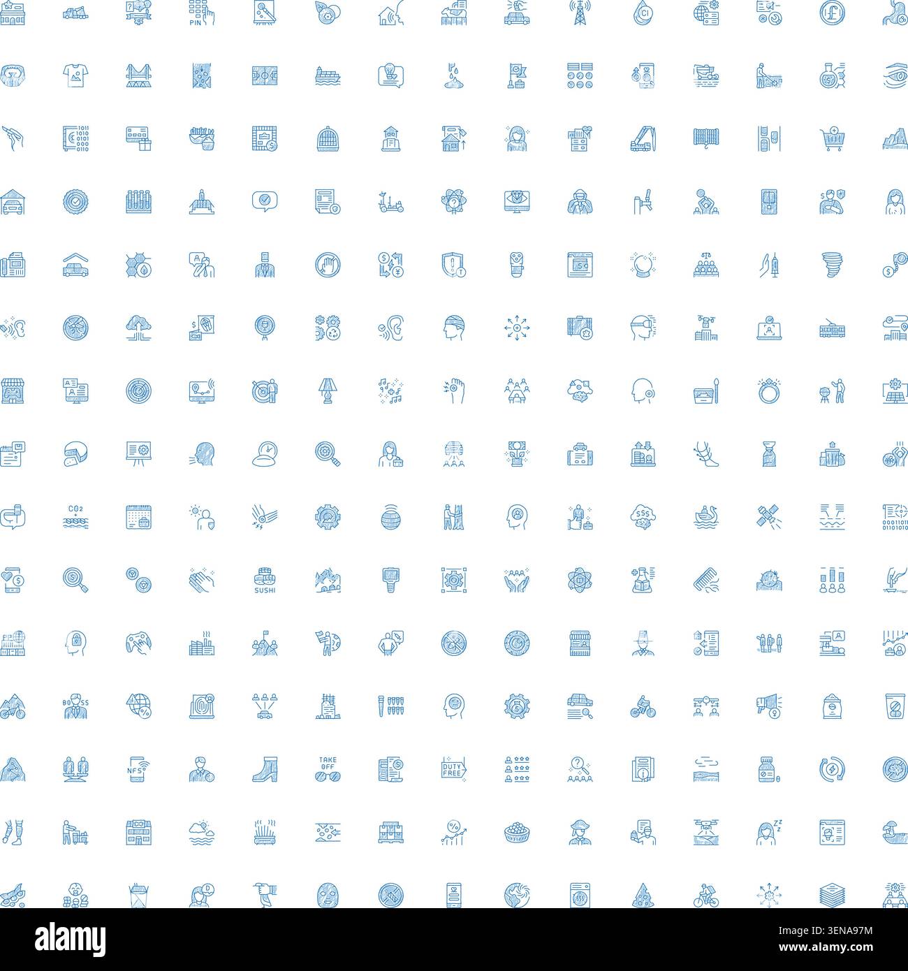 Large collection of minimalist blue line icons representing various concepts spanning business, finance, technology, innovation, and daily life, ideal Stock Vector