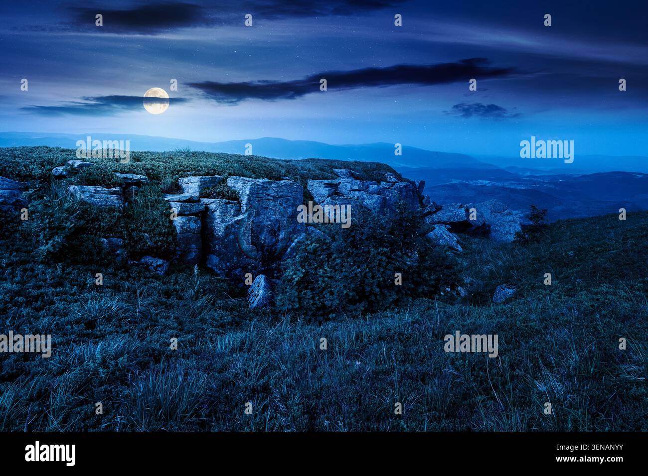 alpine meadow in summer nature at night. full moon over wild grass and grey rocks in carpathian landscape. mountain scenery of perechyn district, ukra Stock Photo