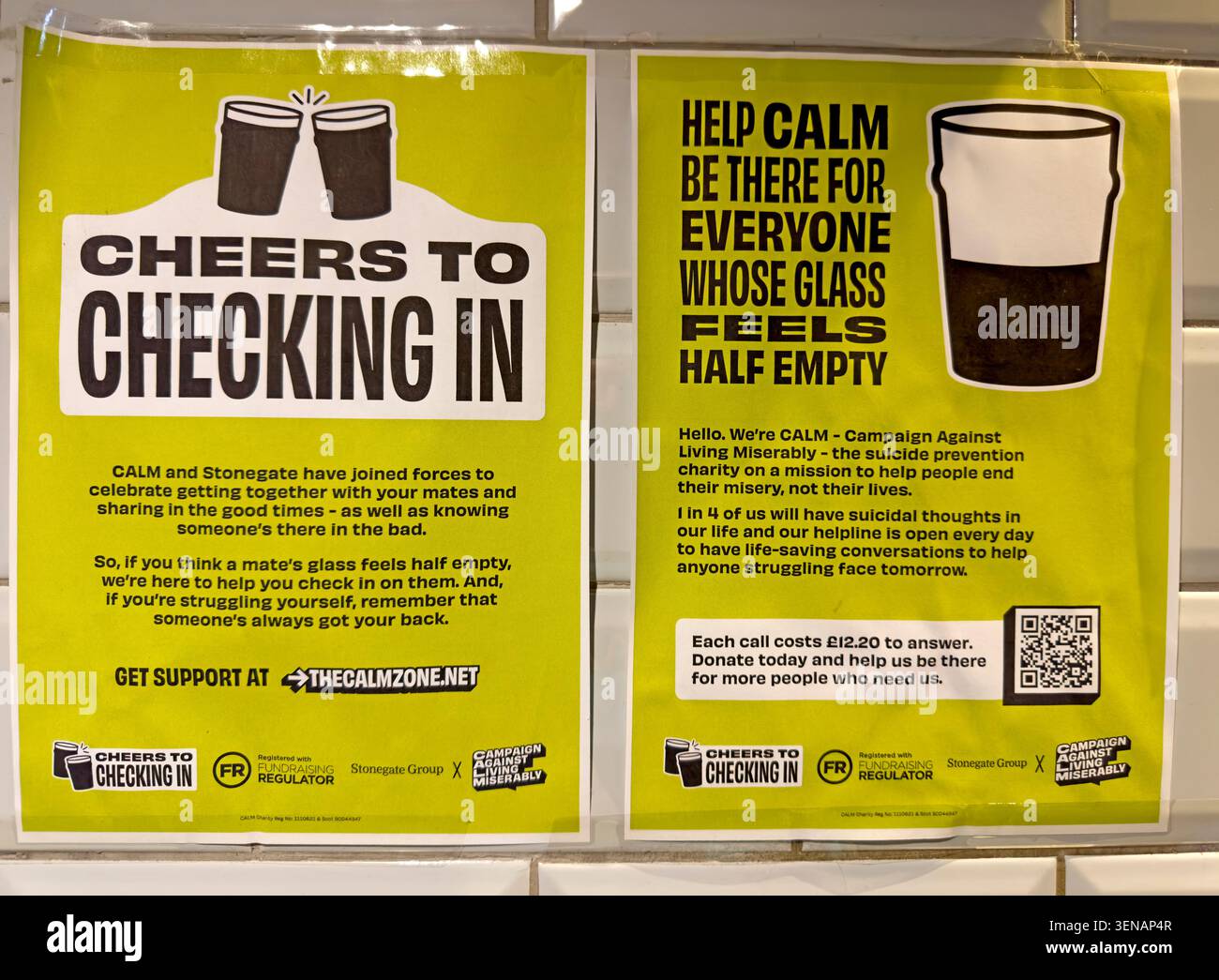CALM Cheers to Checking In pub toilet posters encouraging men to talk, check in with mates and seek mental health support Stock Photo