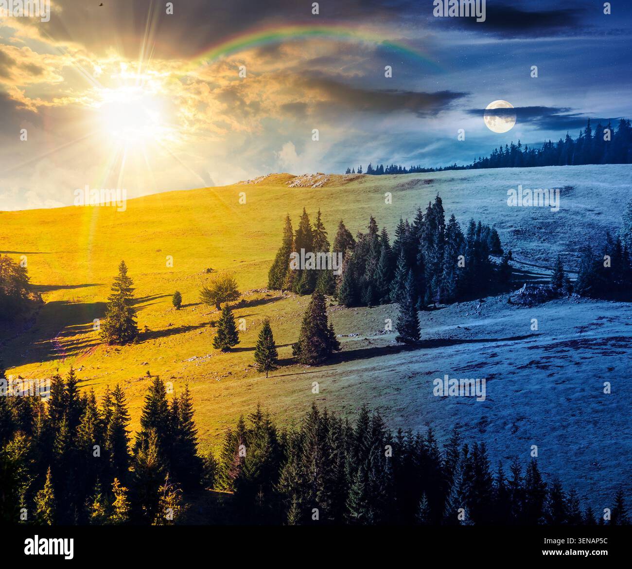 hillside of mountain range with coniferous forest and meadow. day meet night. wonderful view of a grassy meadow on steep hill. sun and moon over natur Stock Photo