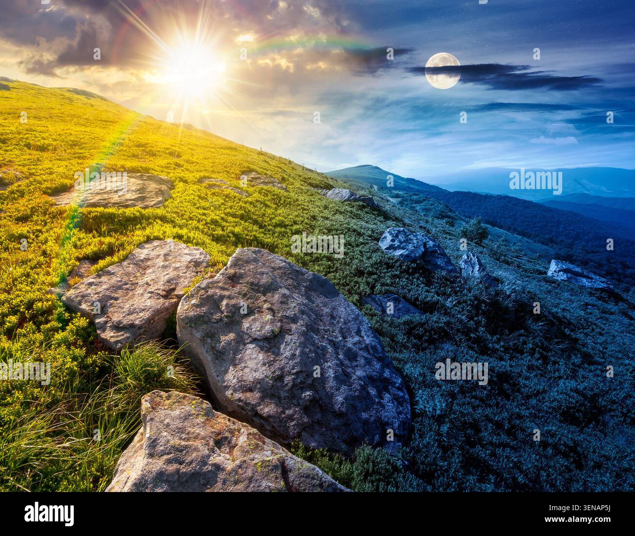 alpine meadow on summer solstice nature. day meet night. sun and moon in harmony over wild grass and grey rocks in carpathian landscape. mountain scen Stock Photo