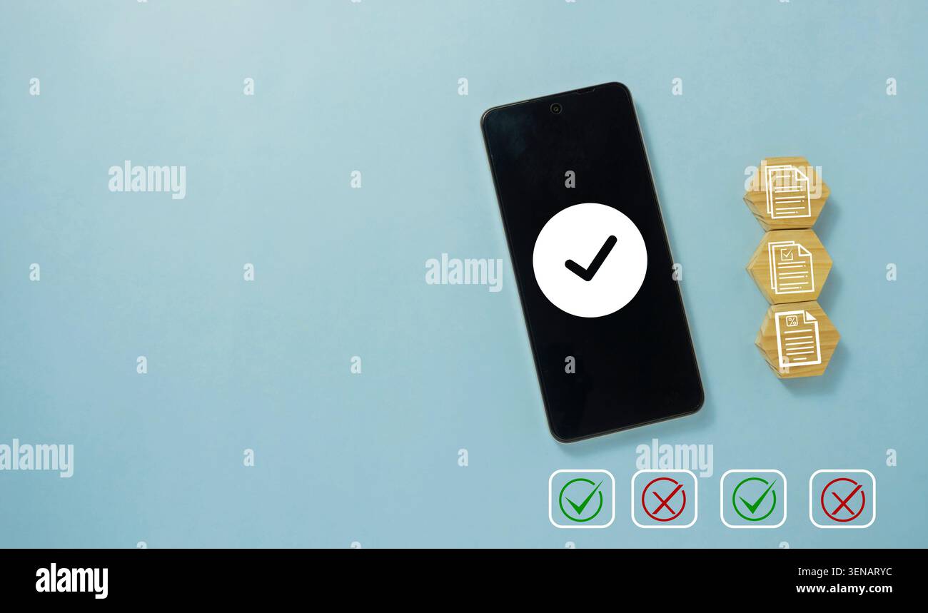 Quality control, feedback evaluation, and digital data verification workflow, Survey document checking process, focusing on online checklist form. Stock Photo