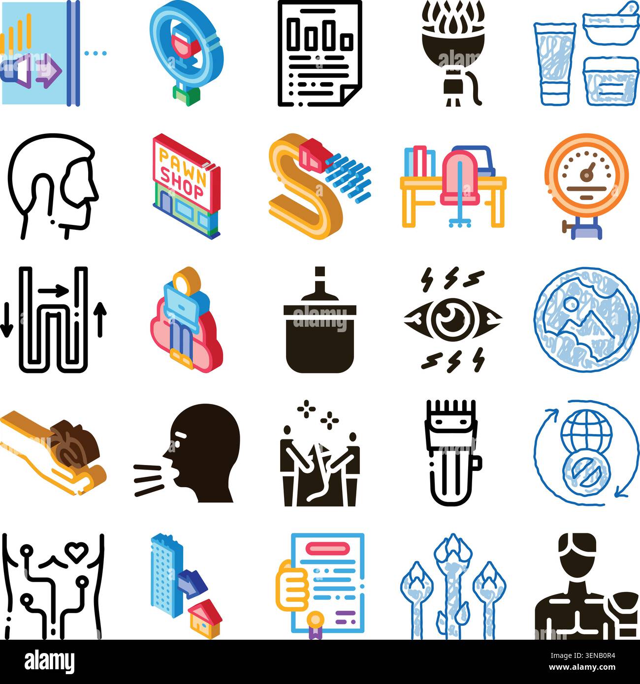 This set of graphic icons features a wide range of subjects, including technology, business, human characteristics, and everyday objects, ideal for il Stock Vector