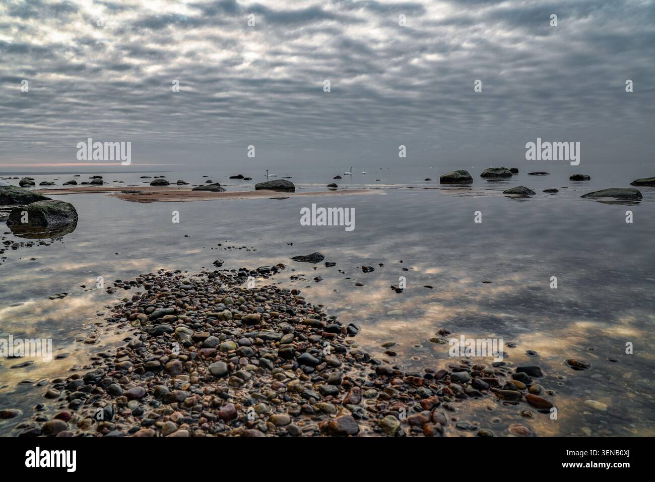 Calm Baltic Sea coast with dramatic cloud reflections near Skulte, Latvia Stock Photo