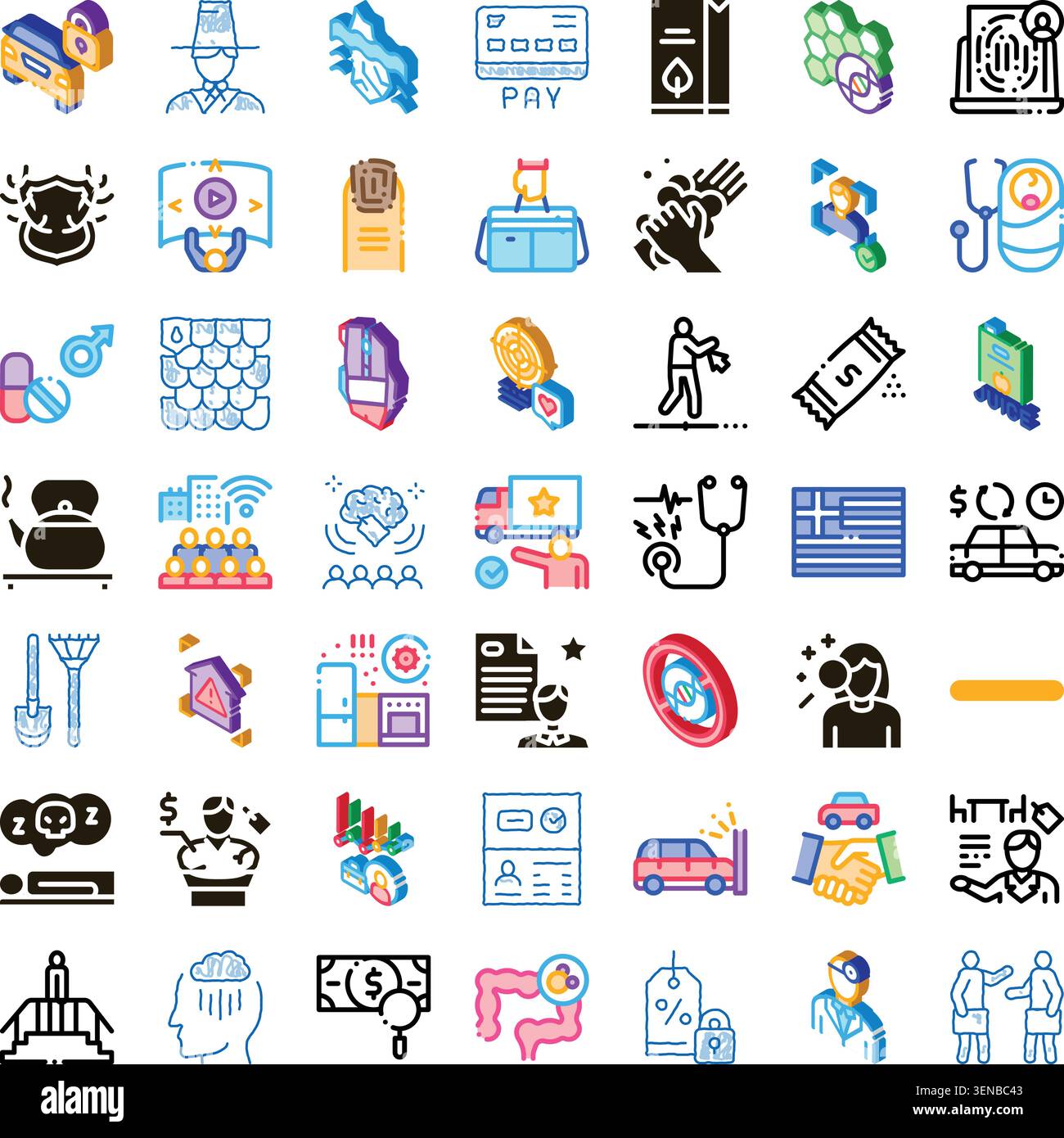 Collection of diverse linear icons representing numerous concepts including business, technology, finance, health, medicine, security, delivery, and p Stock Vector