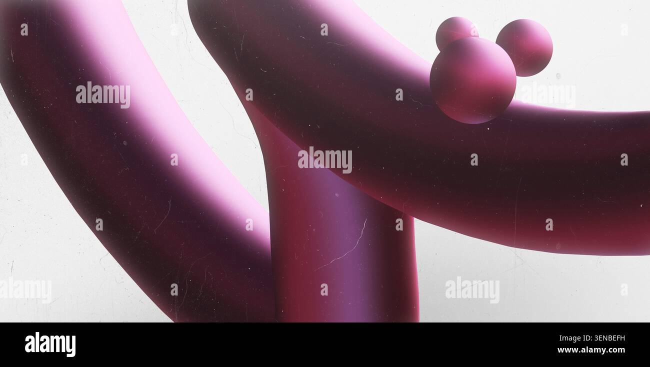 Abstract 3D render of smooth purple magenta wavy tube and spheres with retro grainy texture Stock Photo
