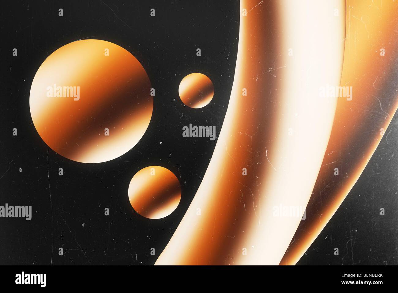 Abstract 3D composition with glowing orange spheres and curved geometric waves over dark vintage background with film scratches Stock Photo