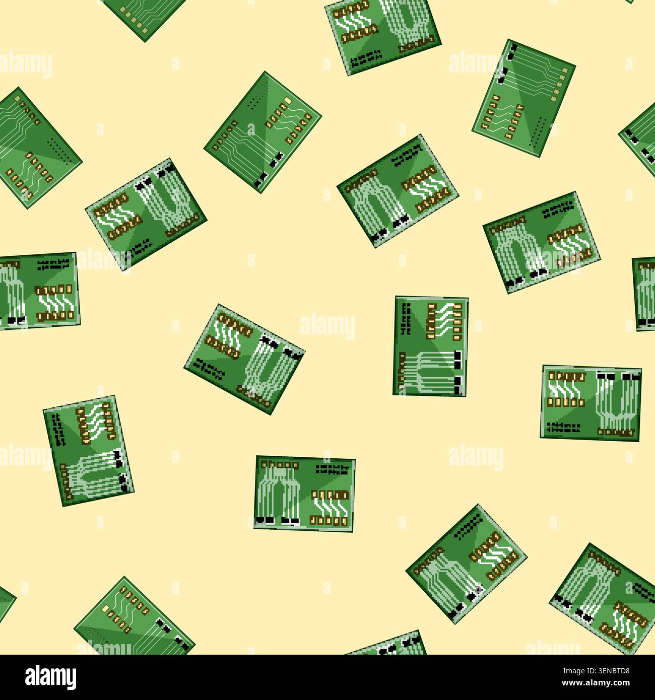 seamless pattern microcontroller circuit board cartoon. soldering resistor, capacitor transistor, trace layout microcontroller circuit board sign vect Stock Vector