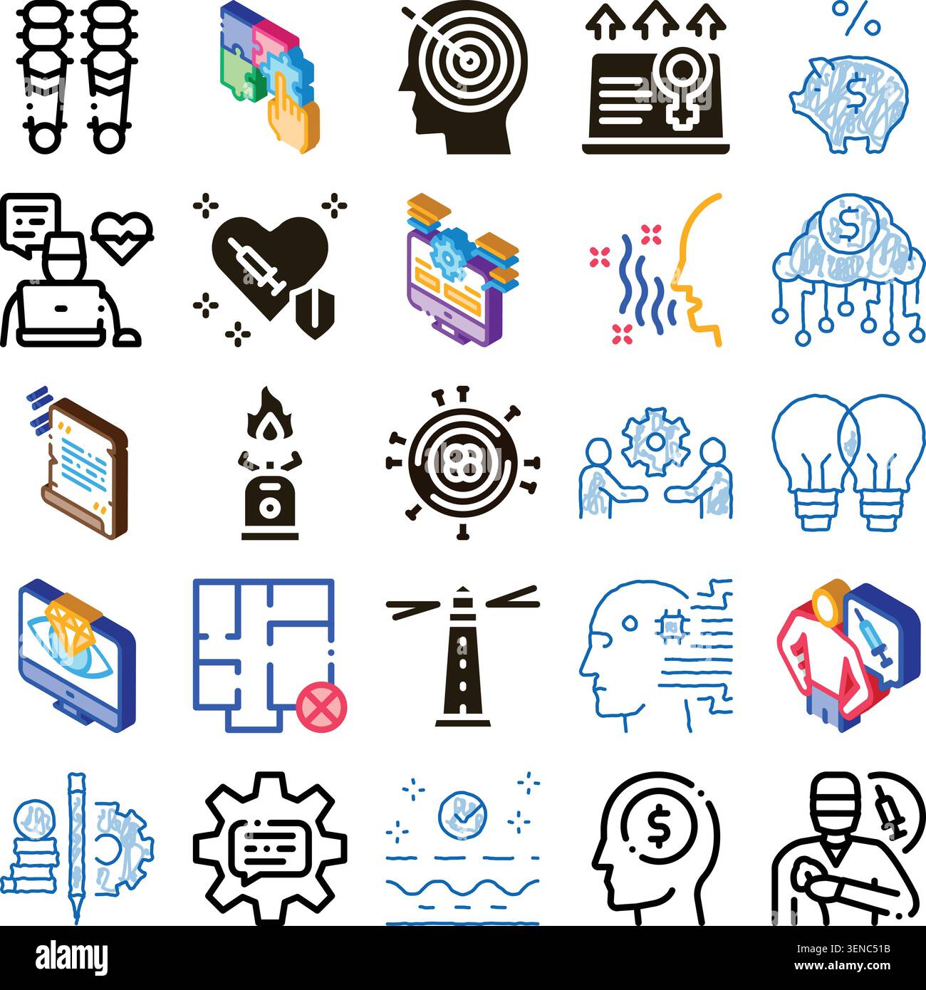 Various business strategy, technology, health, and finance icons creating a comprehensive conceptual grid, illustrating innovation, problem solving, a Stock Vector