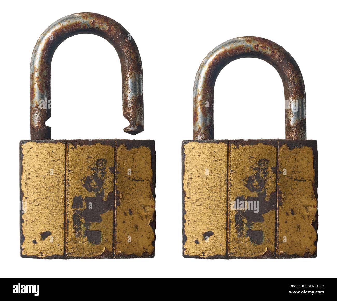 old rusty padlocks isolated white background, open and closed weathered brass security locks Stock Photo
