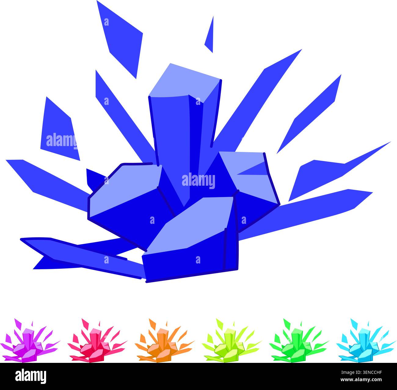 Stylized depicting a vibrant frozen energy blast, showing sharp blue ice shards exploding outwards from a central cluster, ideal for concepts of cold, Stock Vector
