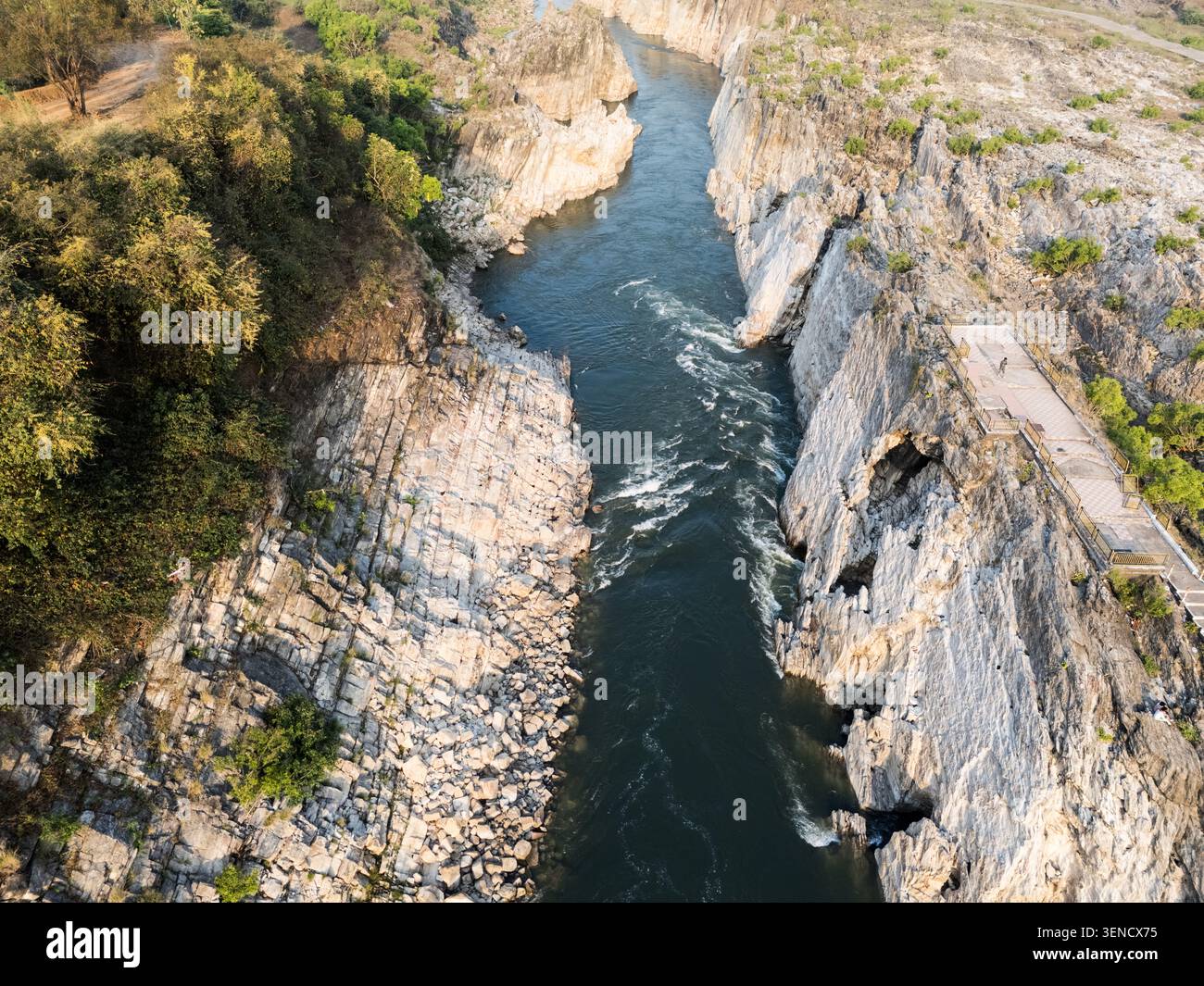 Drone aerial view of marble rock canyon and the Narmada River at ...