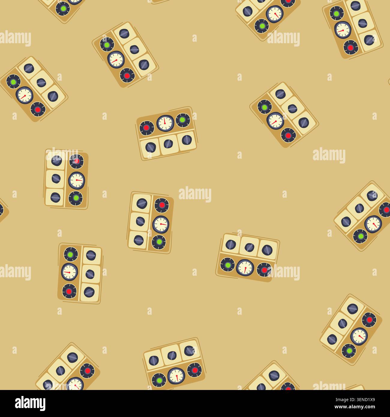 pattern buttons retro control panel cartoon. lights indicators, toggles sliders, rotary tactile buttons retro control panel sign. seamless vector illu Stock Vector