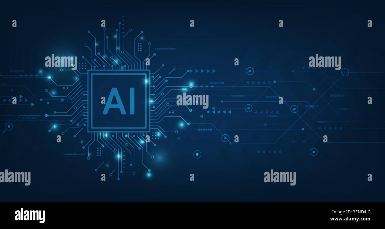 Modern artificial intelligence technology concept featuring AI processor chip, glowing digital circuit connections, data network interface, futurstic Stock Vector