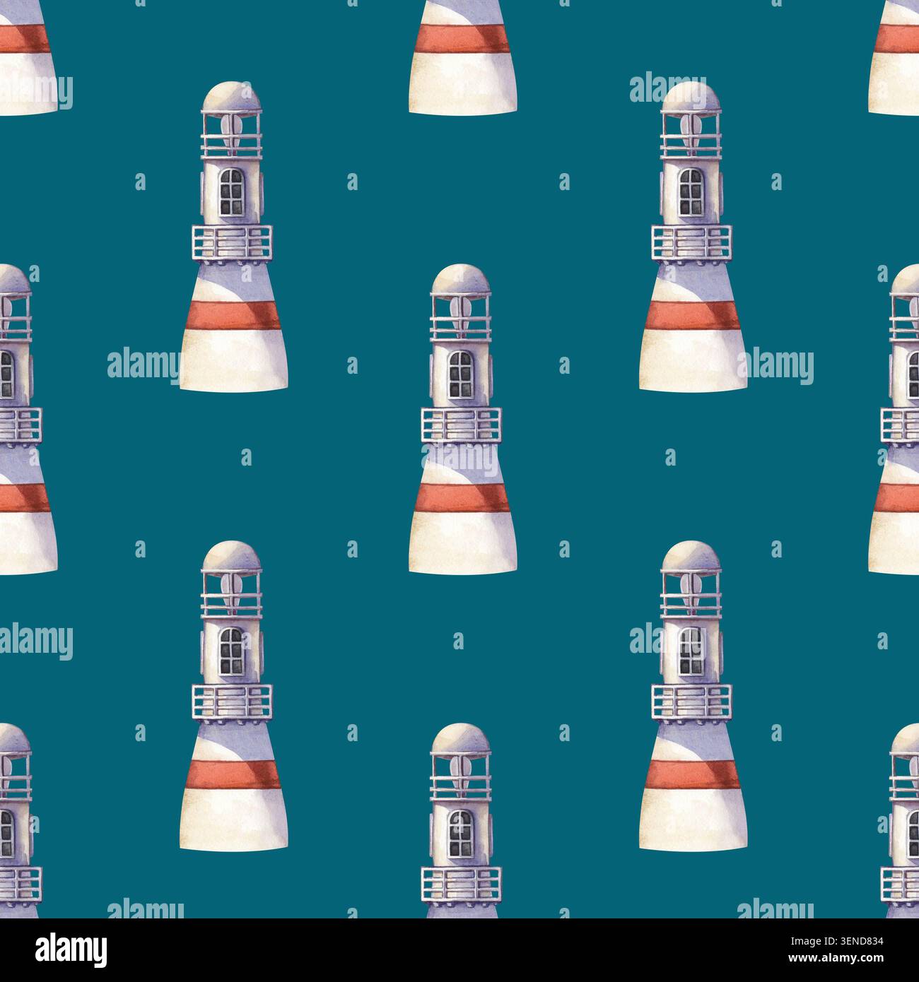 Watercolor seamless marine-style pattern with realistic lighthouses ...