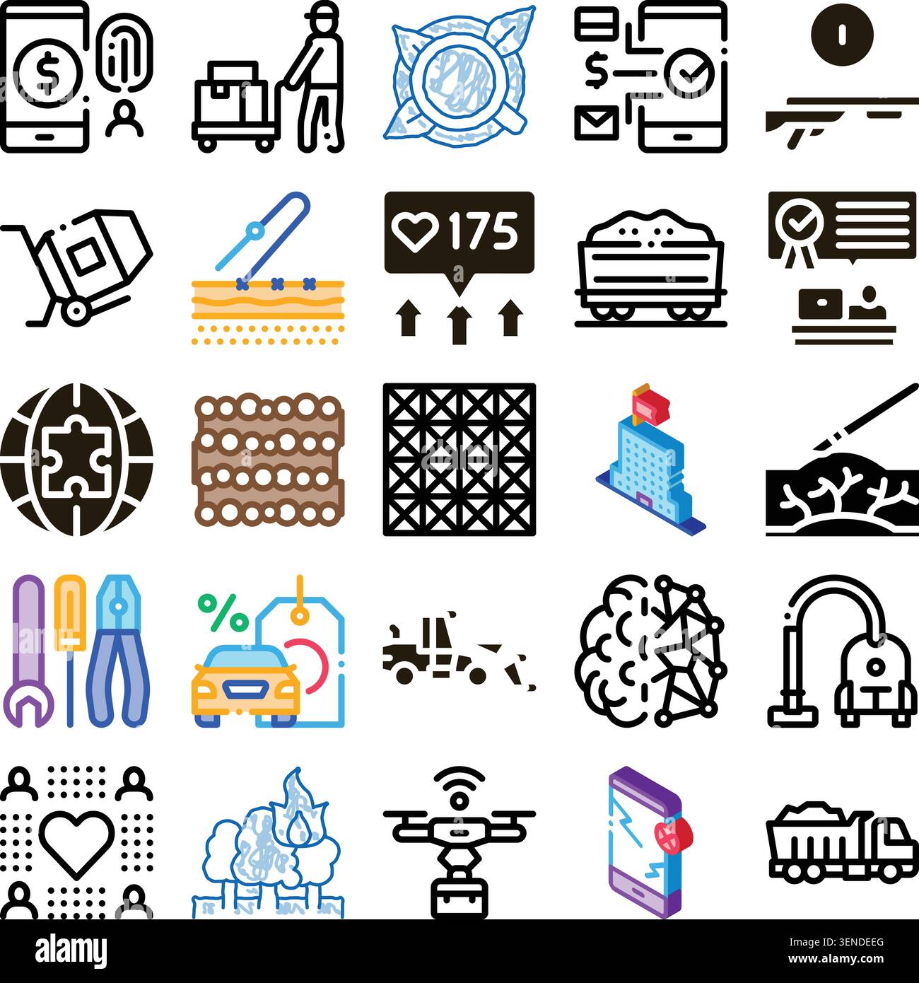Collection of various glyph icons illustrating different aspects of modern business, technology, social concepts, industry, and construction on a clea Stock Vector