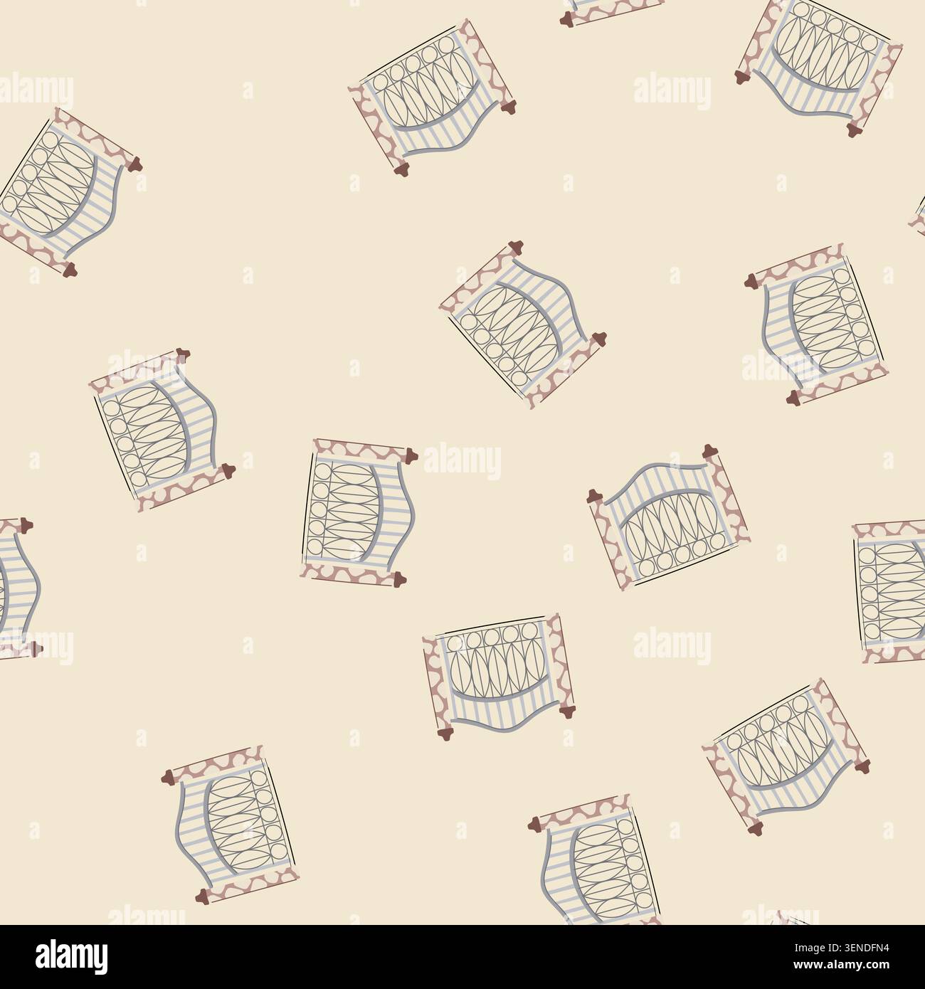pattern decorative metal gate featuring an arched top and ornate scrollwork between two sturdy stone pillars with spherical caps, representing securit Stock Vector