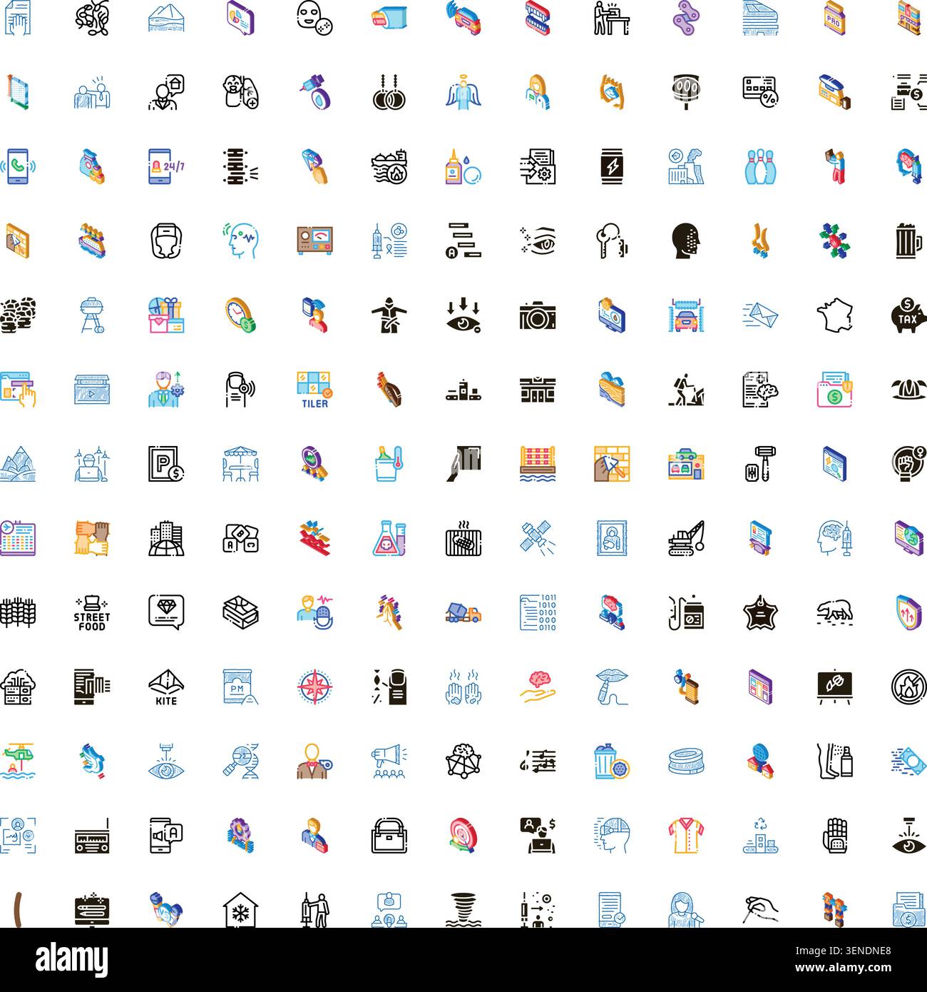 Large set of diverse contemporary vector icons featuring various concepts, objects, and symbols for web design, app interfaces, and digital projects, Stock Vector