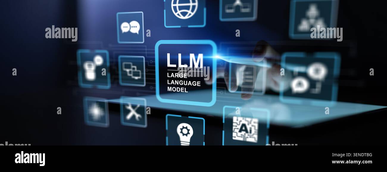 LLM large language model system for natural language processing and AI applications with touch interaction on a tablet Stock Photo