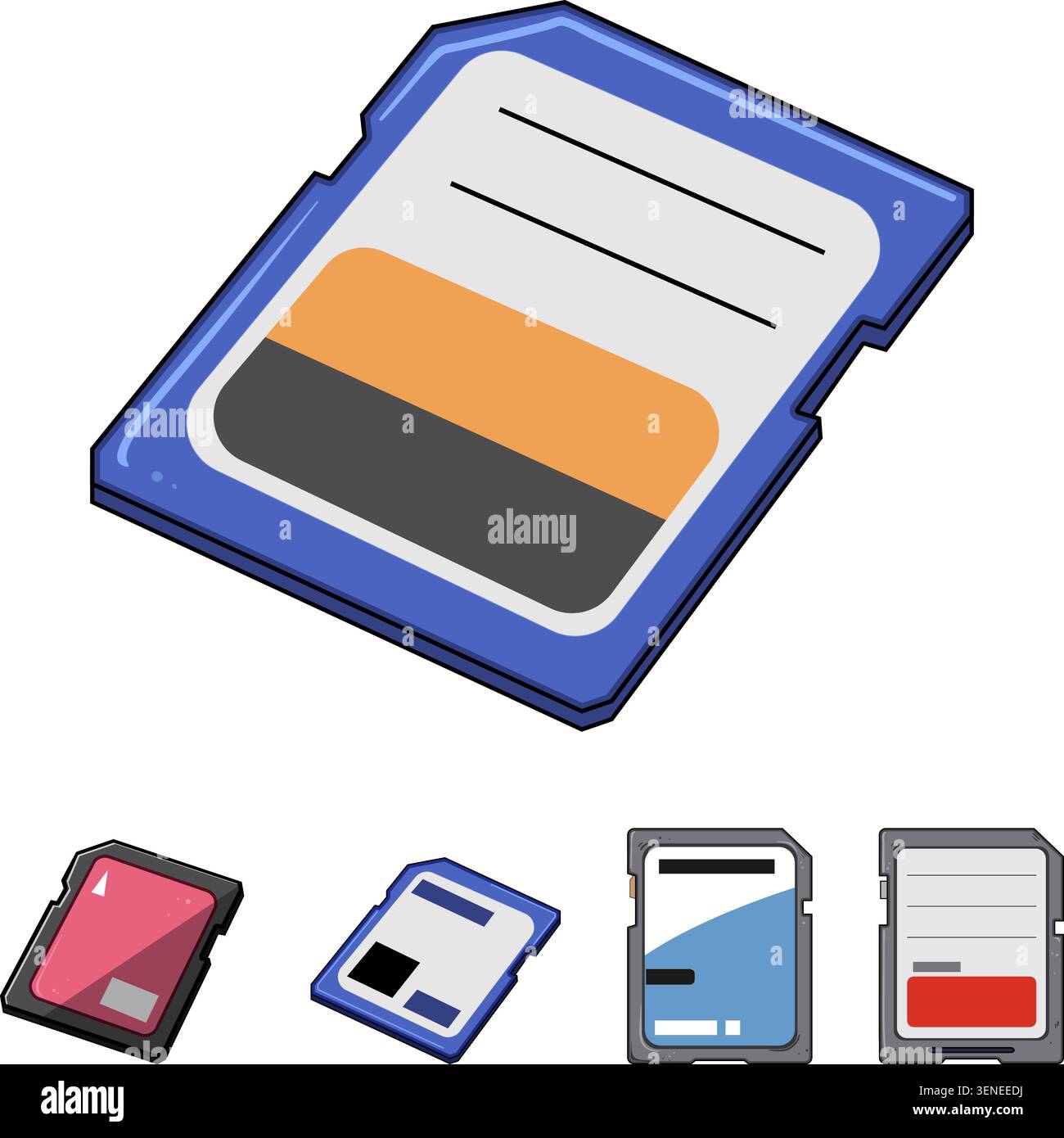 Multiple digital memory cards grouped together, illustrating portable flash storage for devices, data backup and transfer, modern computing and multim Stock Vector