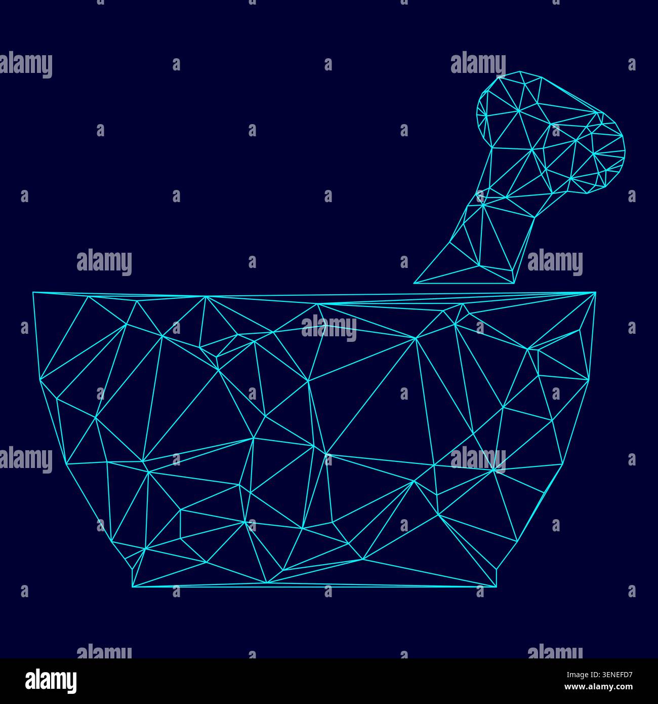 Mortar and pestle low poly triangulation triangulated polygonal electric cyan blue vibrant aqua neon color vector illustration image outline contour Stock Vector