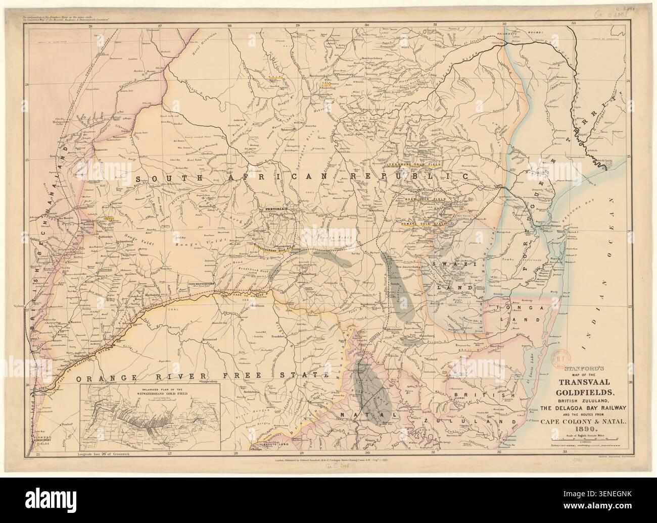 This engraved map documents the Transvaal goldfields, British Zululand ...