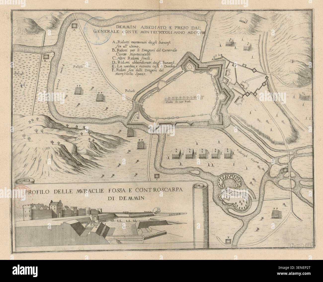 The 1659 map details the siege of Demmin by General Count Montecuccoli ...