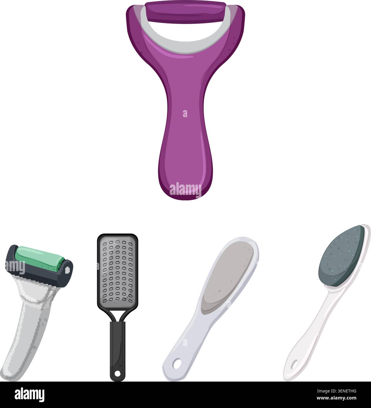 Set of various foot care tools and instruments, including different shapes of callus removers, files, and pumice stones, providing essential pedicure Stock Vector