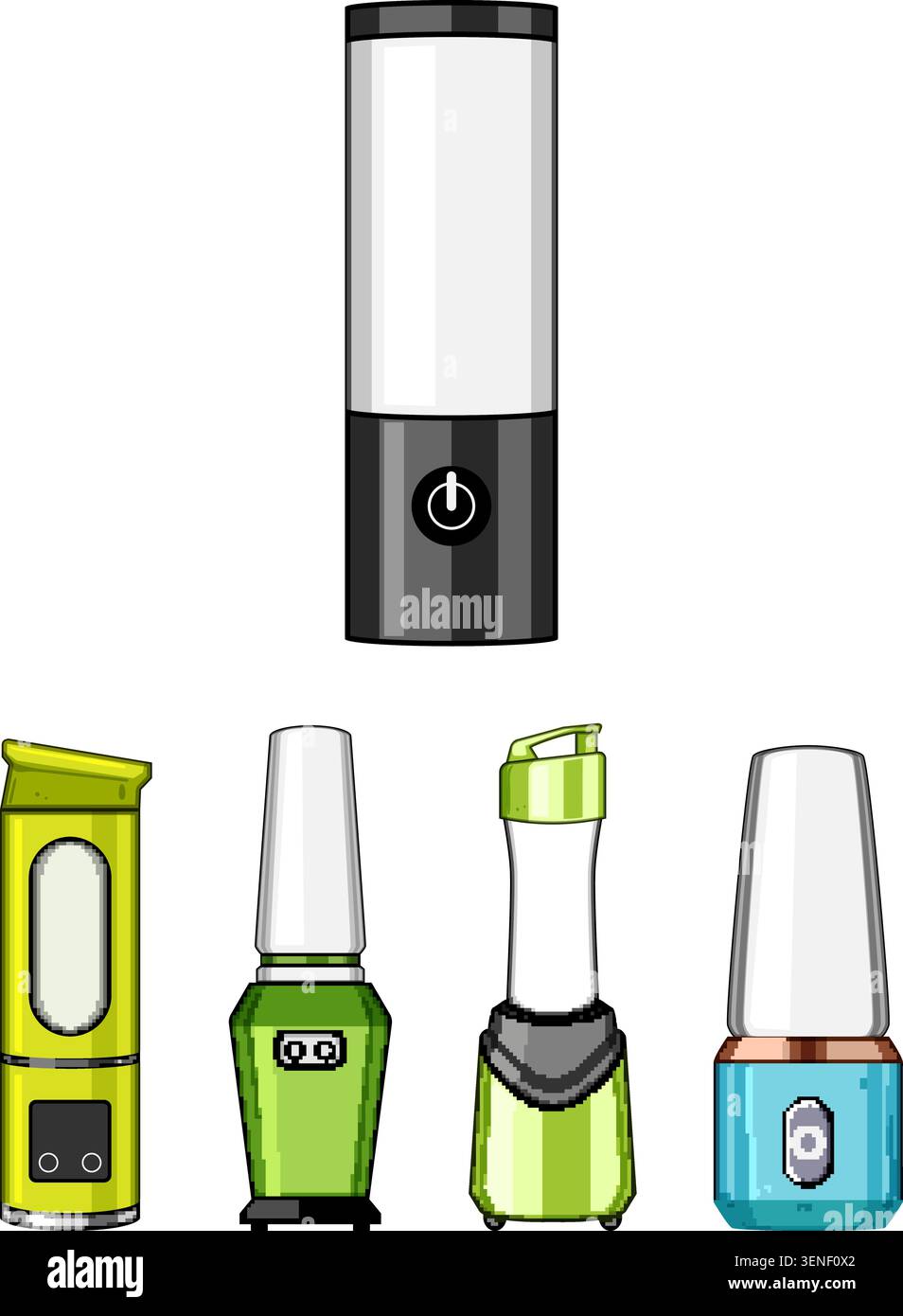 Various compact portable blenders in different designs, including usb rechargeable models, providing convenience for making smoothies and shakes on th Stock Vector