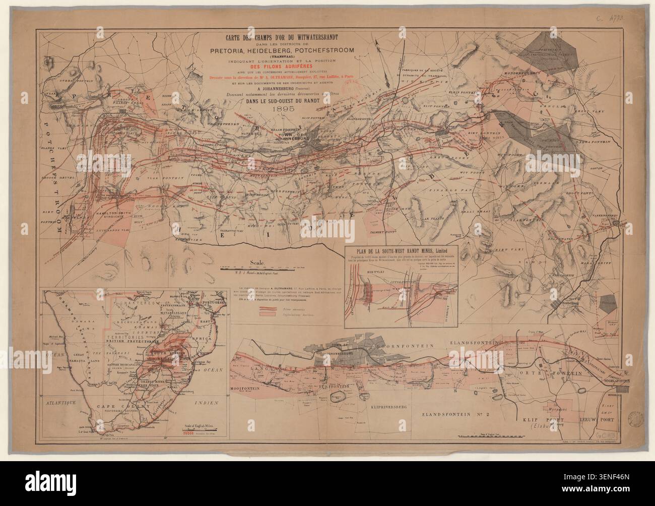An 1895 engraved map records the goldfields of the Witwatersrand in the ...