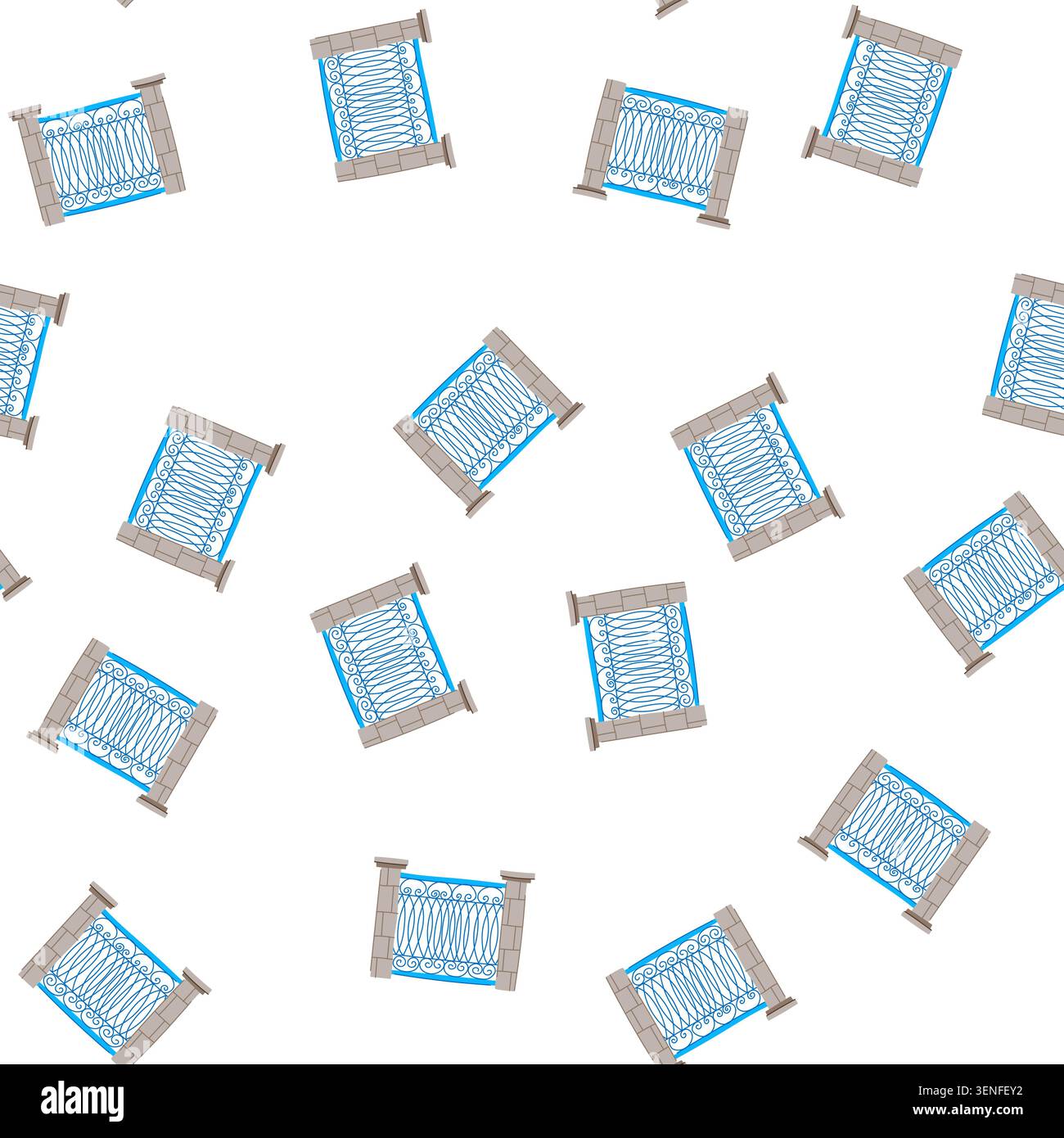 pattern blue decorative metal fence section featuring ornate scroll patterns and elegant oval shapes, positioned between two solid stone pillars provi Stock Vector
