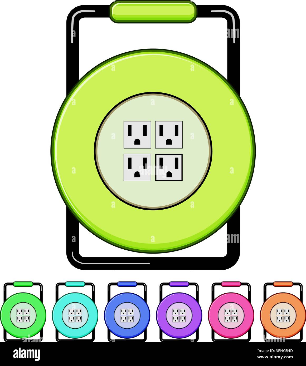 Extension cord reel providing versatile power distribution, offering multiple electrical outlets for connecting devices safely and efficiently in vari Stock Vector