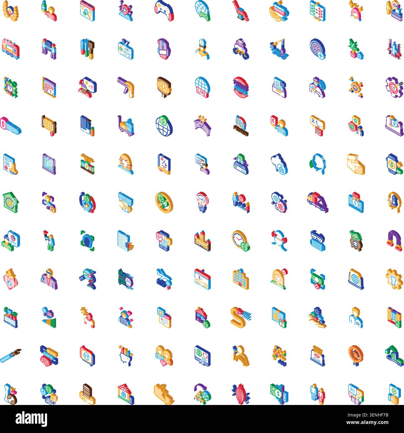 Isometric icon set developing various digital applications, data analysis, cloud computing, finance, communication, and industry related business mark Stock Vector