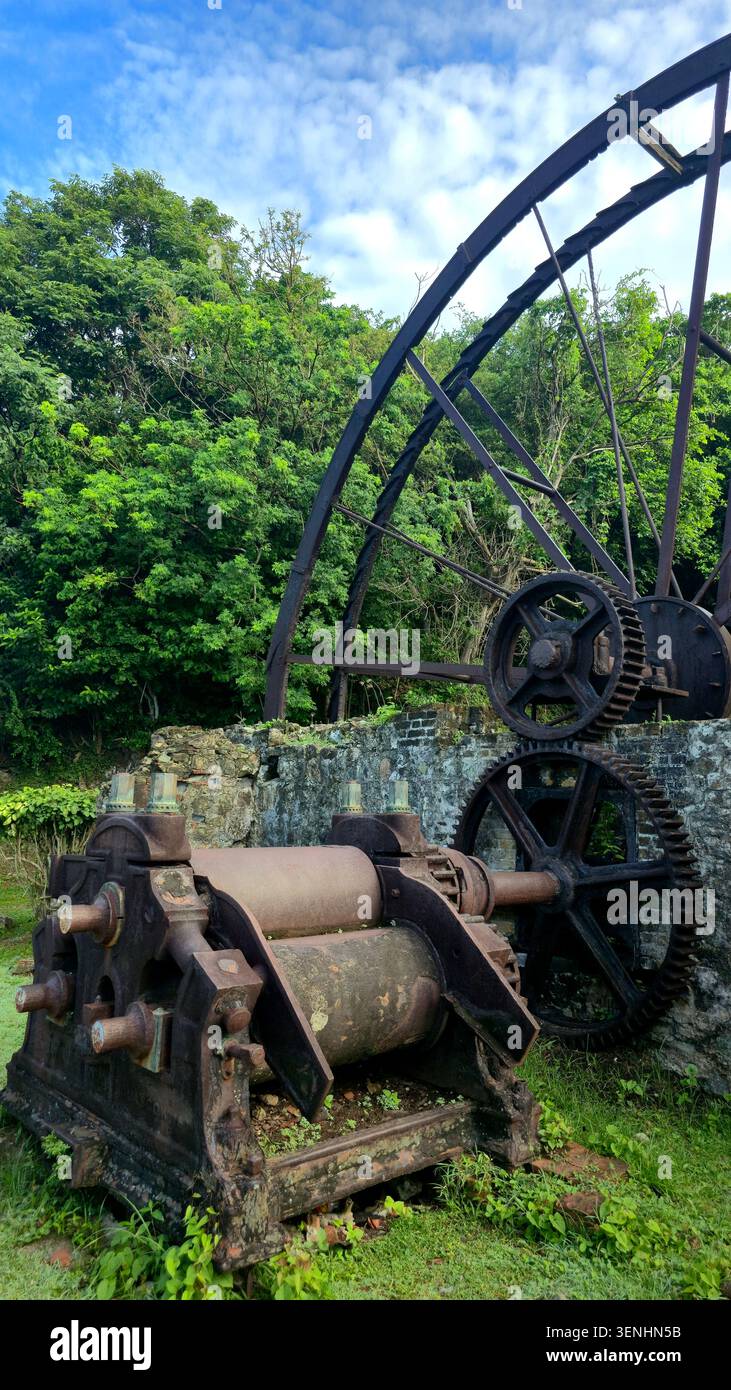 Historic rusted waterwheel and sugar mill machinery surrounded by tropical vegetation in Speyside, Tobago, Trinidad and Tobago. - Smartphone Captured Stock Image