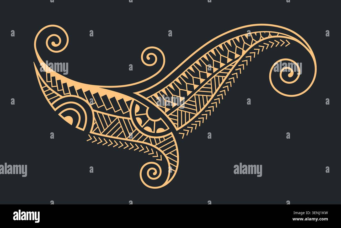 Decorative Polynesian Maori tribal ornament with traditional ethnic patterns and spiral elements in elegant gold style. Inspired by Pacific island art Stock Vector