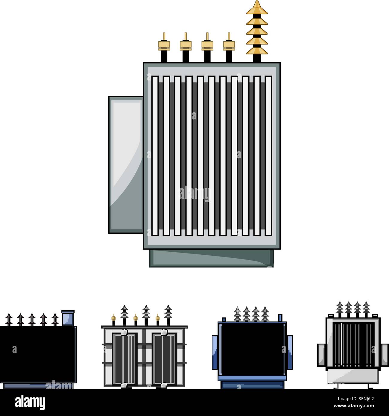 Electrical transformers facilitating voltage regulation, current conversion, and power distribution across networks, essential components for modern e Stock Vector