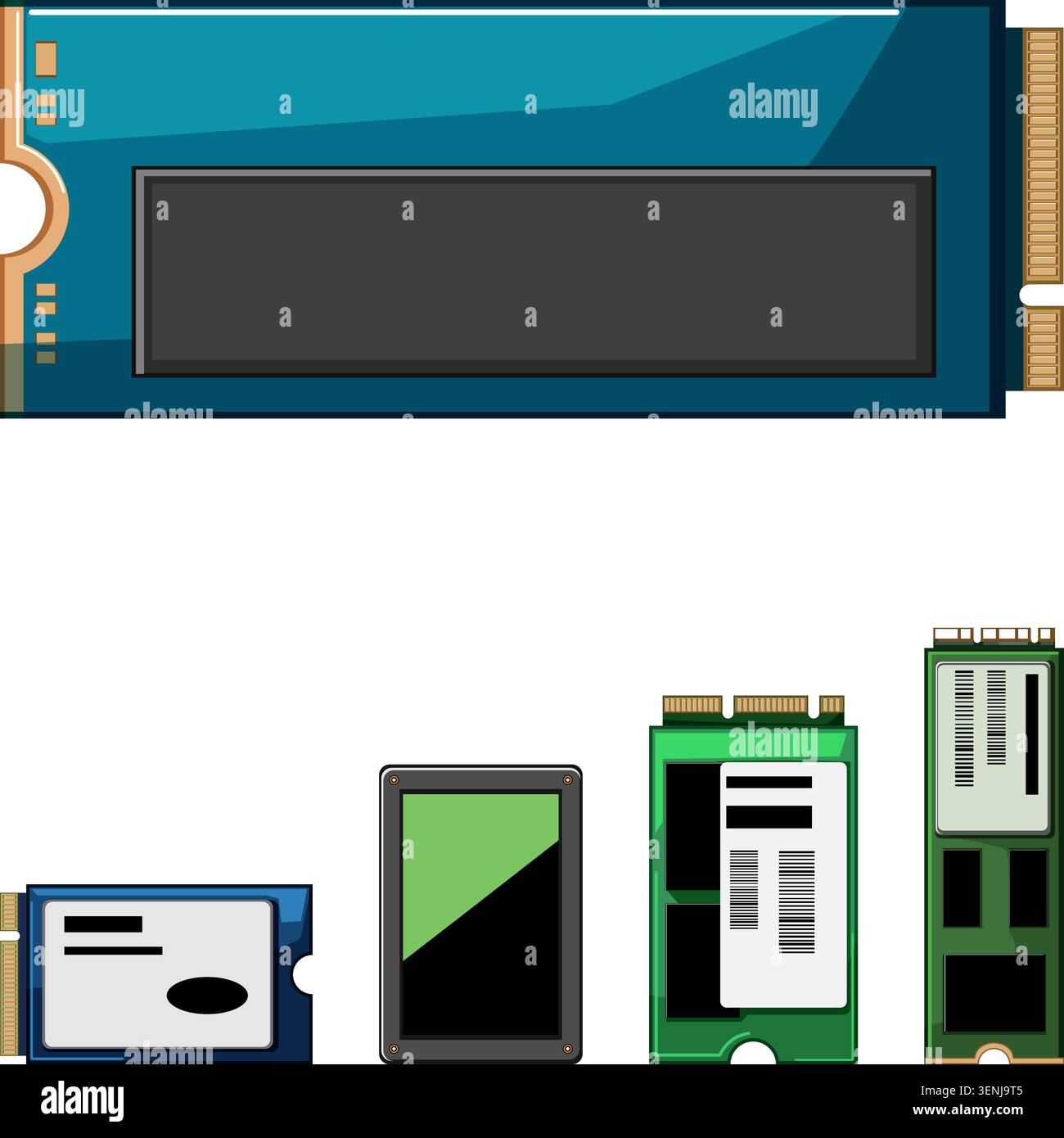Solid state drives displaying different physical designs and sizes, representing modern computer hardware components for high speed data storage and d Stock Vector