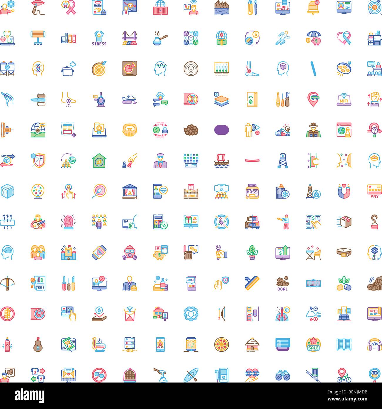 Collection of various colorful linear icons with fill for diverse topics, perfect for websites, mobile apps, business presentations, infographics, and Stock Vector