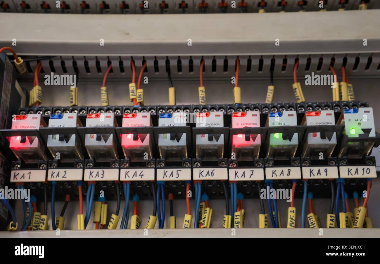 Industrial Relay Control Panel with LED Status Indicators Stock Photo