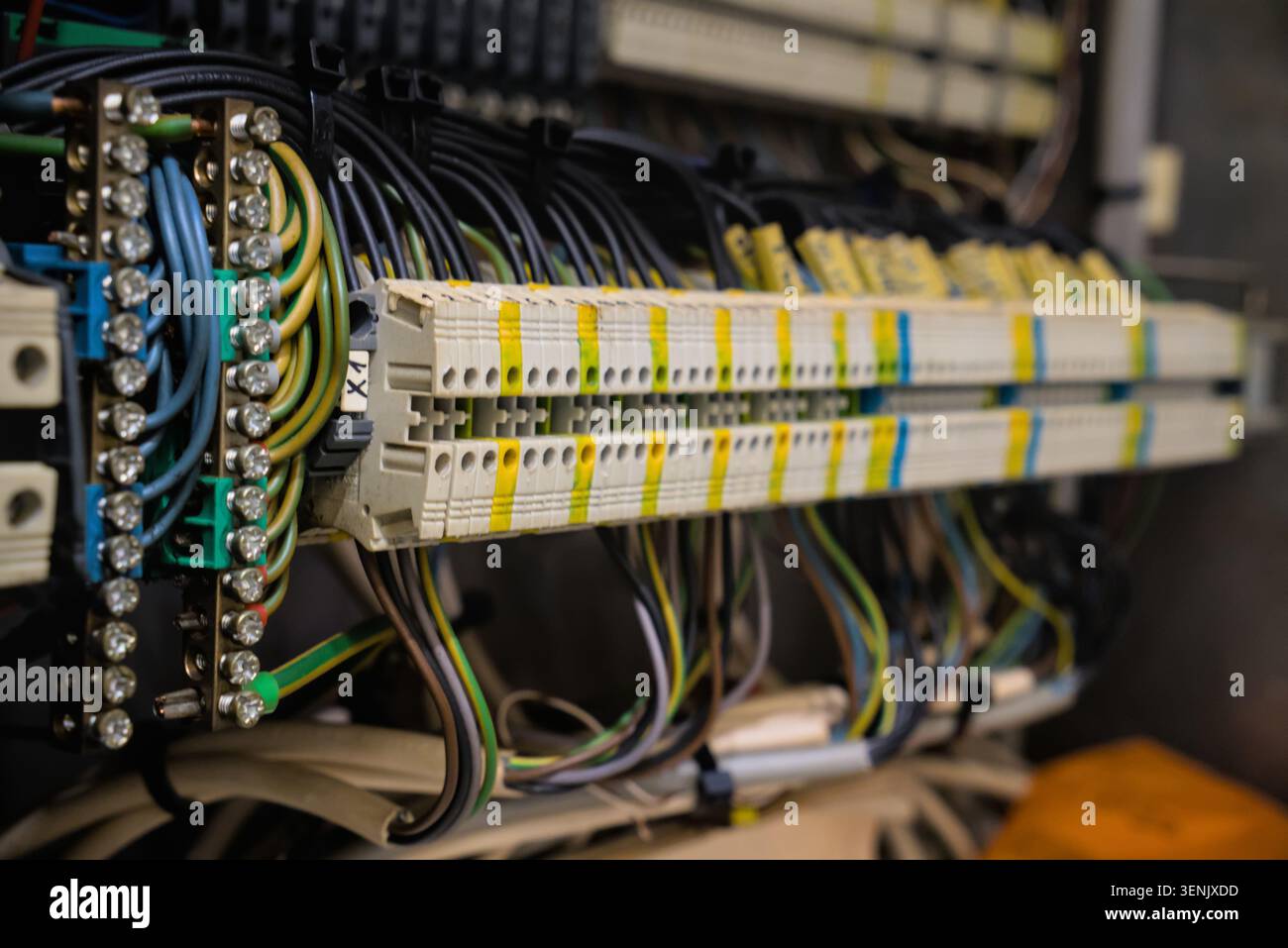 Electrical Terminal Blocks with Connected Wires in Control Box Stock Photo
