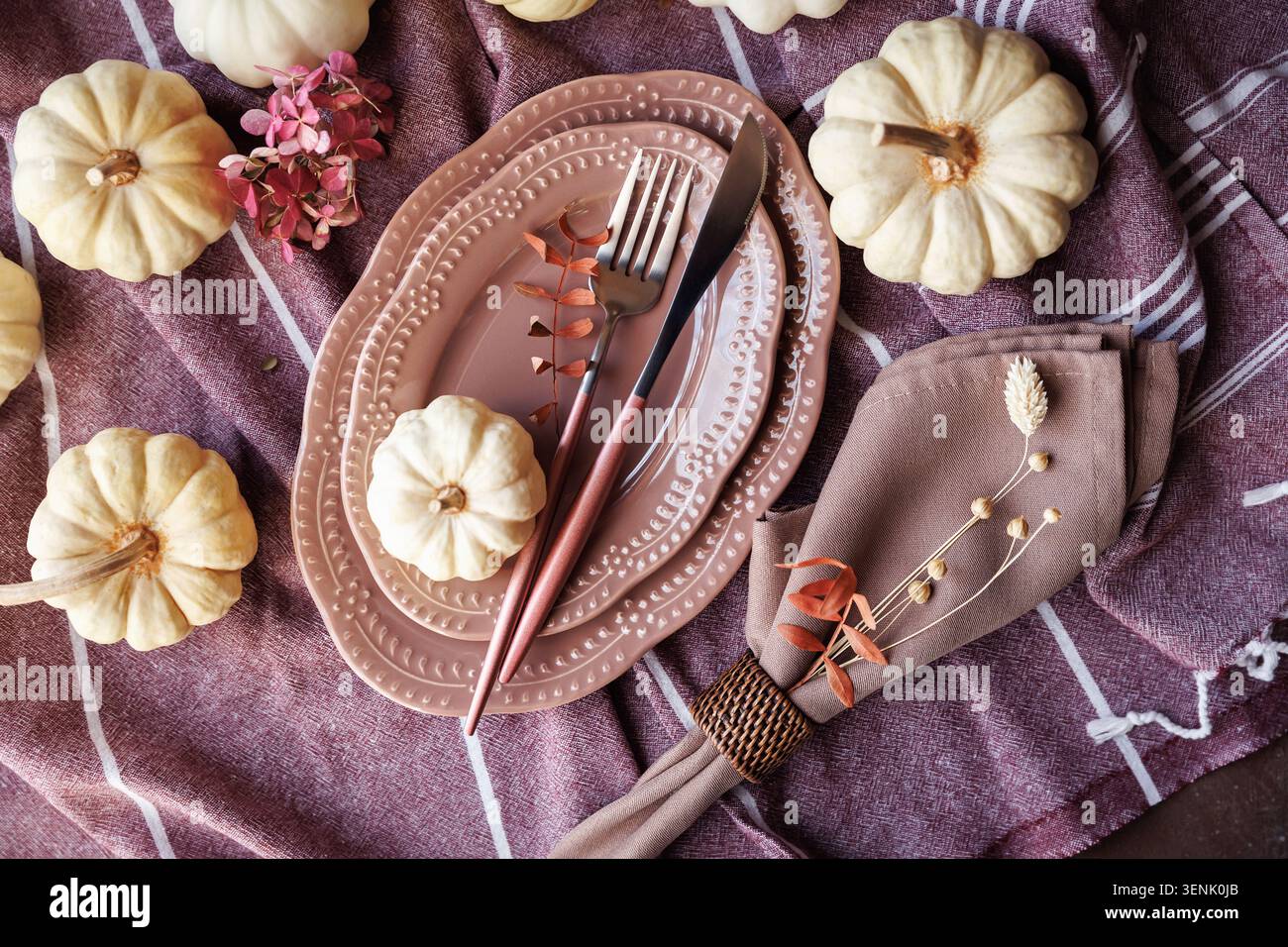 Stylish fall table decor with pink plates and rustic pumpkins Stock Photo